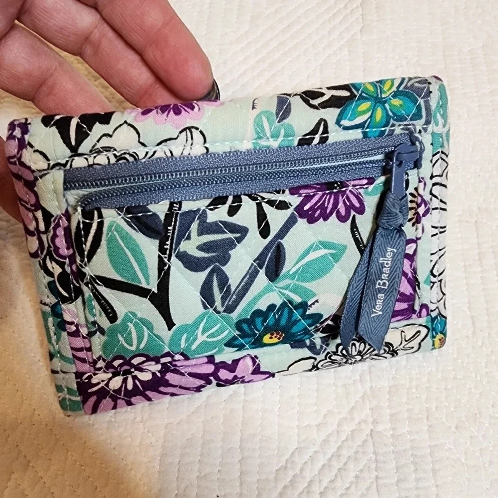 Vera Bradley Penelope's Garden tri-fold‎ wallet. Blue green purple floral.
